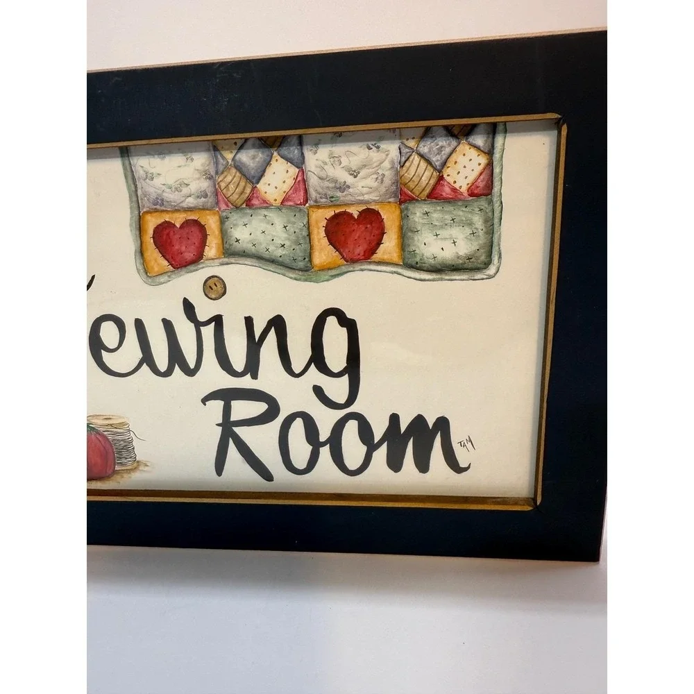 The Sewing Room Framed Wall Art Folk Art Quilt Tomato Pincushion Signed TAM